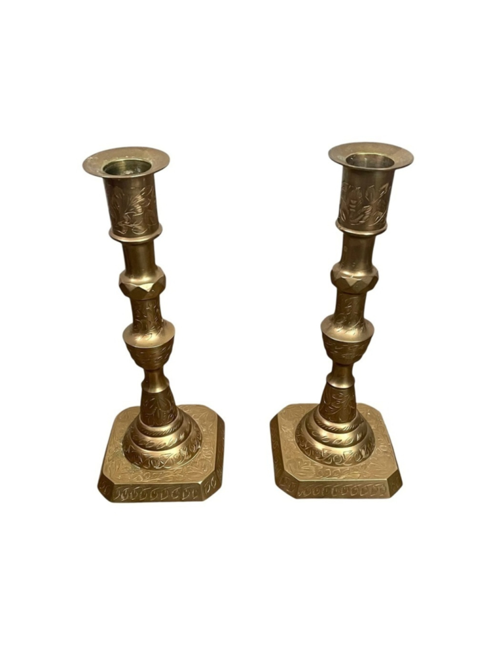 VINTAGE Set of 2 Brass Etched Candlestick Holders 9” - Picture 5 of 12